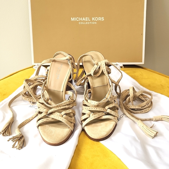 MICHAEL KORS SUEDE FRINGE LACE-UP SANDALS - Picture 8 of 10